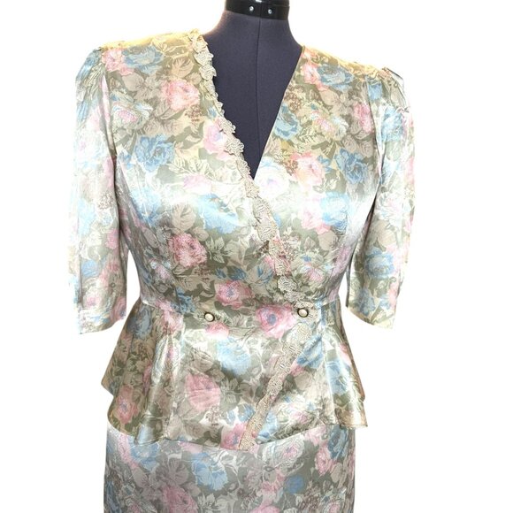 Vintage 1980s Risa Ann Floral Peplum Jacket & Skirt Set With Lace Trim Pastel Co - Picture 5 of 10
